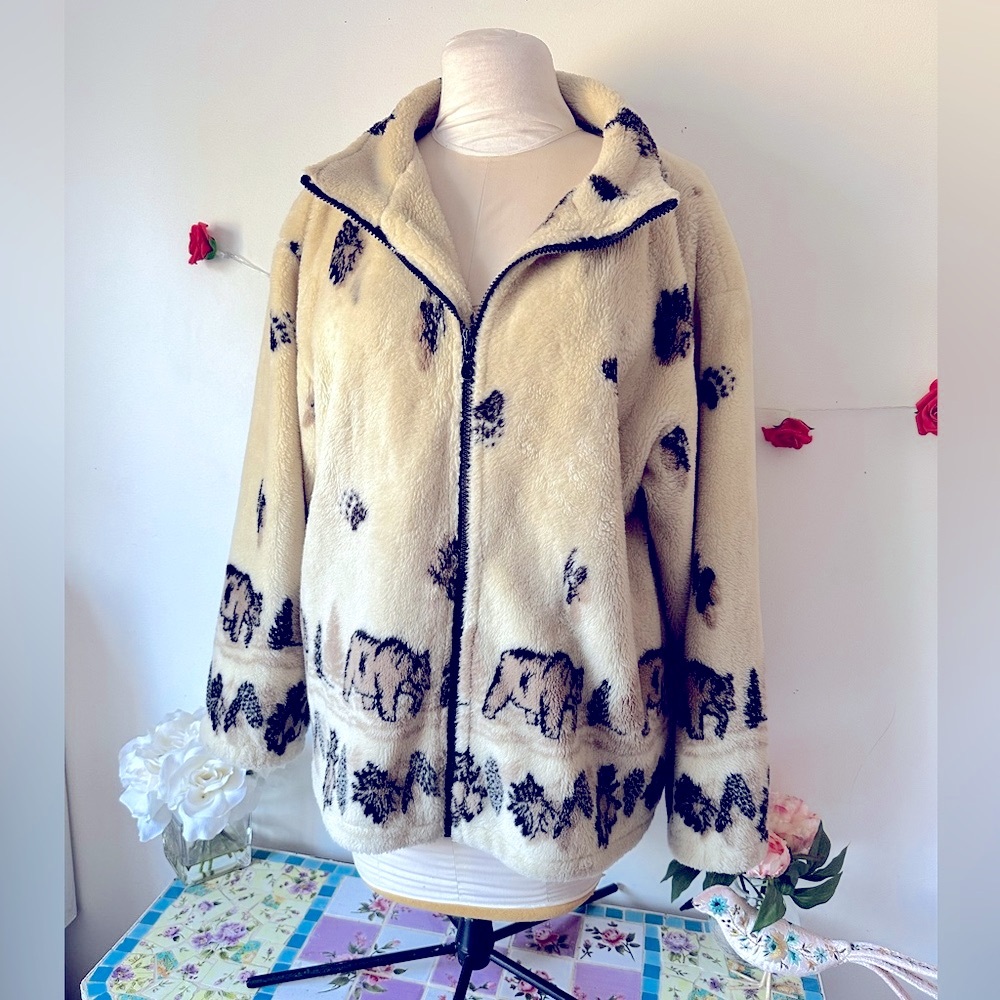 Sweet Vintage Glacier Gear Bear Paw Cream Black Teddy Jacket Coat L XL
